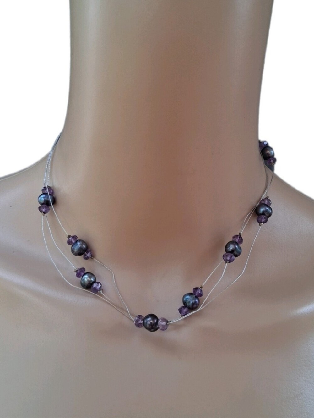 Kalan Designer Multi Strand Floating Black Pearl Amethyst Illusion Necklace